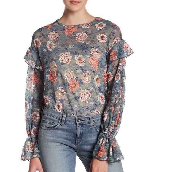 🎁 Melrose and Market Ruffle Sleeve Floral Lace Blouse - Picture 1 of 6